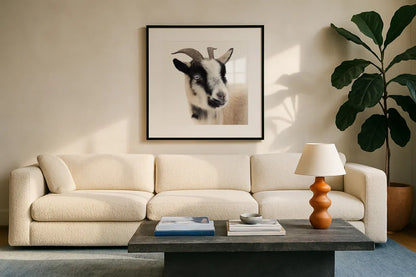 Pippa the Goat I by Deborah Revell. Displayed in a glass frame with matte in a clean modern living room. Available as an archival giclee rolled canvas, fine art paper, or poster print. SKU 96297a.