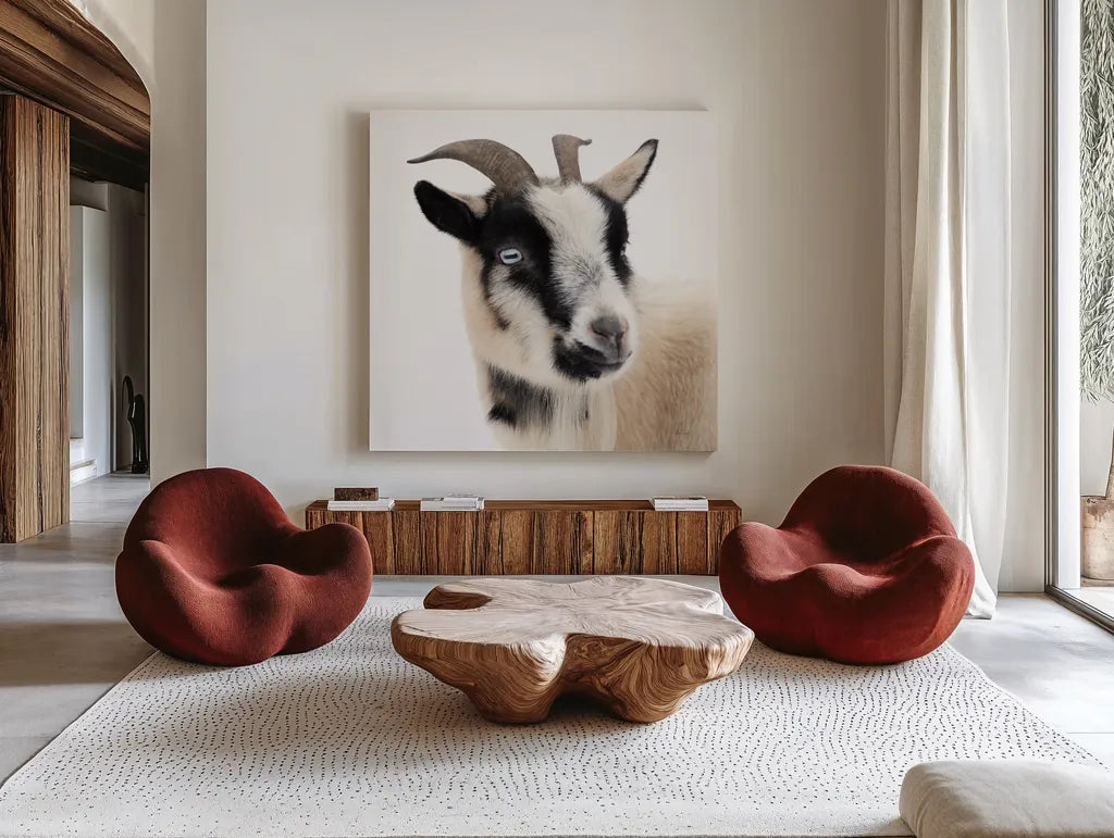 Pippa the Goat I by Deborah Revell. Shown as extra-large giant wall art in a modern living room. Available as an archival giclee rolled canvas, fine art paper, or poster print. SKU 96297a.