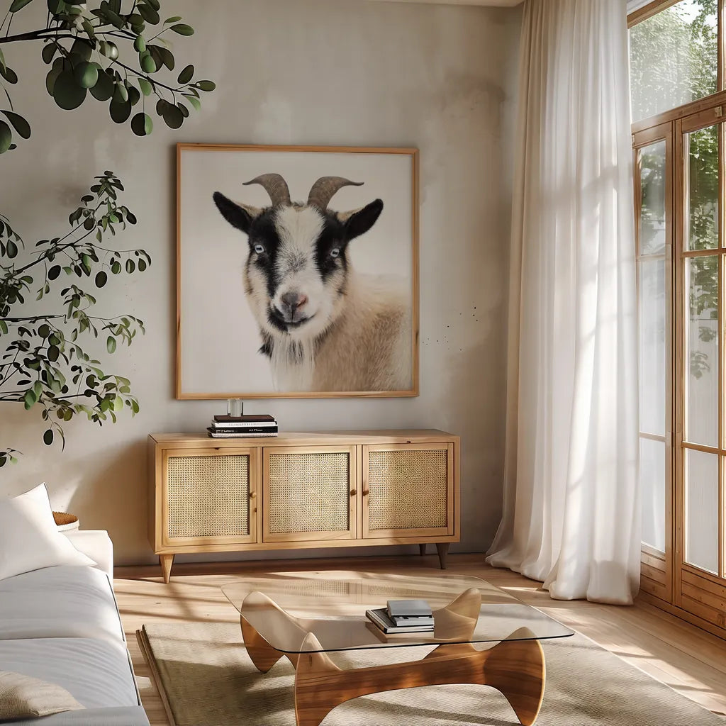 Pippa the Goat II by Deborah Revell. Shown in a natural wood frame in a cozy modern living room. Available as an archival giclee rolled canvas, fine art paper, or poster print. SKU 96298a.