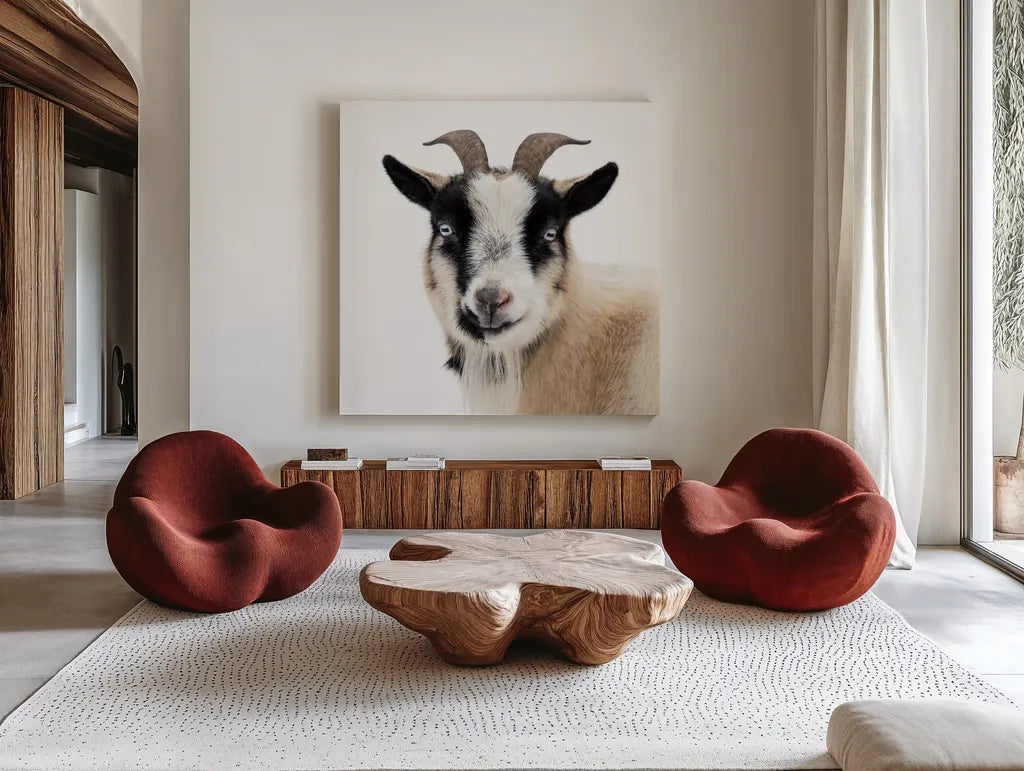 Pippa the Goat II by Deborah Revell. Shown as extra-large giant wall art in a modern living room. Available as an archival giclee rolled canvas, fine art paper, or poster print. SKU 96298a.