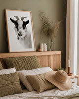 Pippa the Goat II BW by Deborah Revell. shown as a paper print in a natural frame. Available as a archival giclee rolled canvas, fine art paper, or poster print. SKU 96325h.