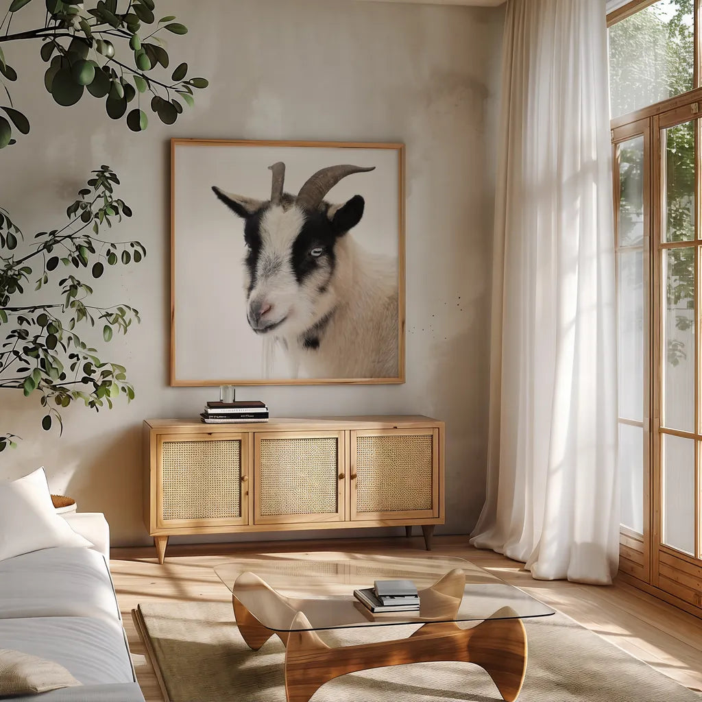 Pippa the Goat IV by Deborah Revell. Shown in a natural wood frame in a cozy modern living room. Available as an archival giclee rolled canvas, fine art paper, or poster print. SKU 96300a.