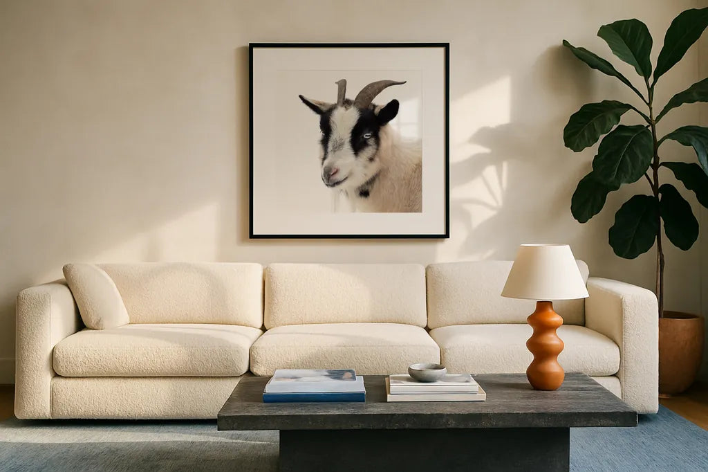Pippa the Goat IV by Deborah Revell. Displayed in a glass frame with matte in a clean modern living room. Available as an archival giclee rolled canvas, fine art paper, or poster print. SKU 96300a.