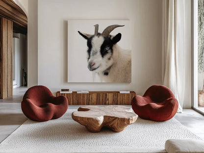 Pippa the Goat IV by Deborah Revell. Shown as extra-large giant wall art in a modern living room. Available as an archival giclee rolled canvas, fine art paper, or poster print. SKU 96300a.