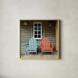 Porch Chairs by Deborah Revell. Shown in a natural wood glass frame for a timeless modern aesthetic. Available as an archival giclee rolled canvas, fine art paper, or poster print. SKU 94578a.