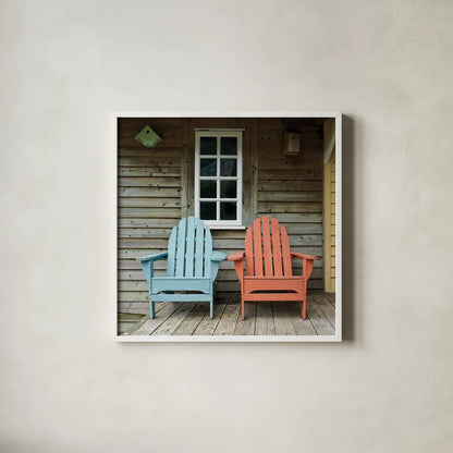 Porch Chairs by Deborah Revell. Shown in a crisp white glass frame for a clean and minimalist style. Available as an archival giclee rolled canvas, fine art paper, or poster print. SKU 94578a.