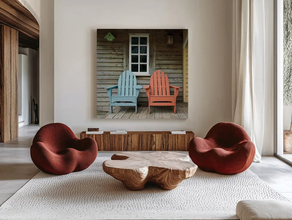 Porch Chairs by Deborah Revell. Shown as extra-large giant wall art in a modern living room. Available as an archival giclee rolled canvas, fine art paper, or poster print. SKU 94578a.