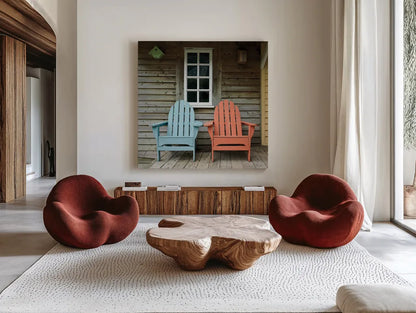 Porch Chairs by Deborah Revell. Shown as extra-large giant wall art in a modern living room. Available as an archival giclee rolled canvas, fine art paper, or poster print. SKU 94578a.