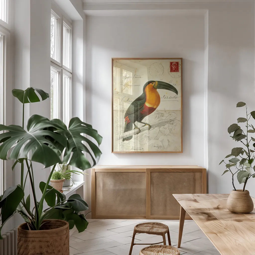 Pretty Bird I by Deborah Revell. shown as a print in a natural wood frame in a dining room. Available as a archival giclee rolled canvas, fine art paper, or poster print. SKU 92340h.