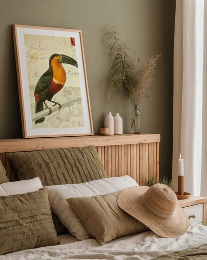Pretty Bird I by Deborah Revell. shown as a paper print in a natural frame. Available as a archival giclee rolled canvas, fine art paper, or poster print. SKU 92340h.