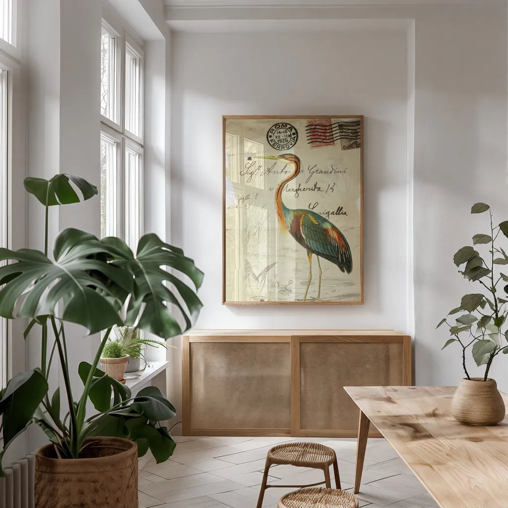Pretty Bird II by Deborah Revell. shown as a print in a natural wood frame in a dining room. Available as a archival giclee rolled canvas, fine art paper, or poster print. SKU 92341h.