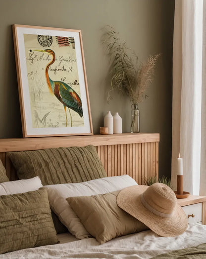 Pretty Bird II by Deborah Revell. shown as a paper print in a natural frame. Available as a archival giclee rolled canvas, fine art paper, or poster print. SKU 92341h.
