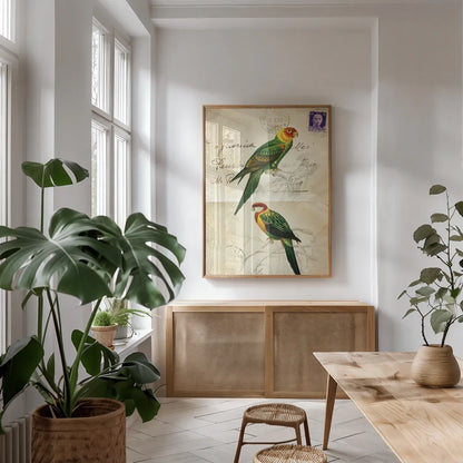 Pretty Bird III by Deborah Revell. shown as a print in a natural wood frame in a dining room. Available as a archival giclee rolled canvas, fine art paper, or poster print. SKU 92342h.