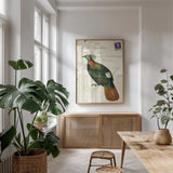 Pretty Bird IV by Deborah Revell. shown as a print in a natural wood frame in a dining room. Available as a archival giclee rolled canvas, fine art paper, or poster print. SKU 92343h.