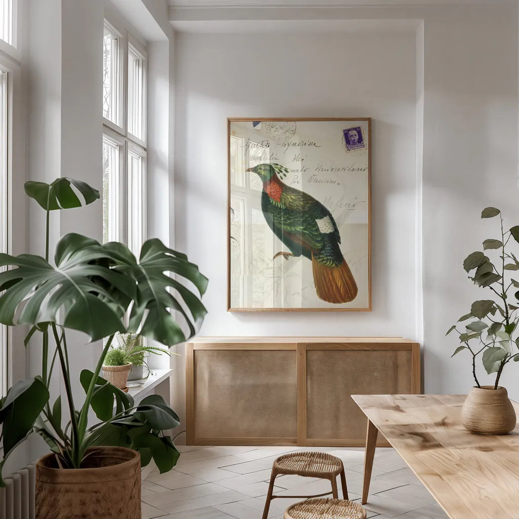 Pretty Bird IV by Deborah Revell. shown as a print in a natural wood frame in a dining room. Available as a archival giclee rolled canvas, fine art paper, or poster print. SKU 92343h.