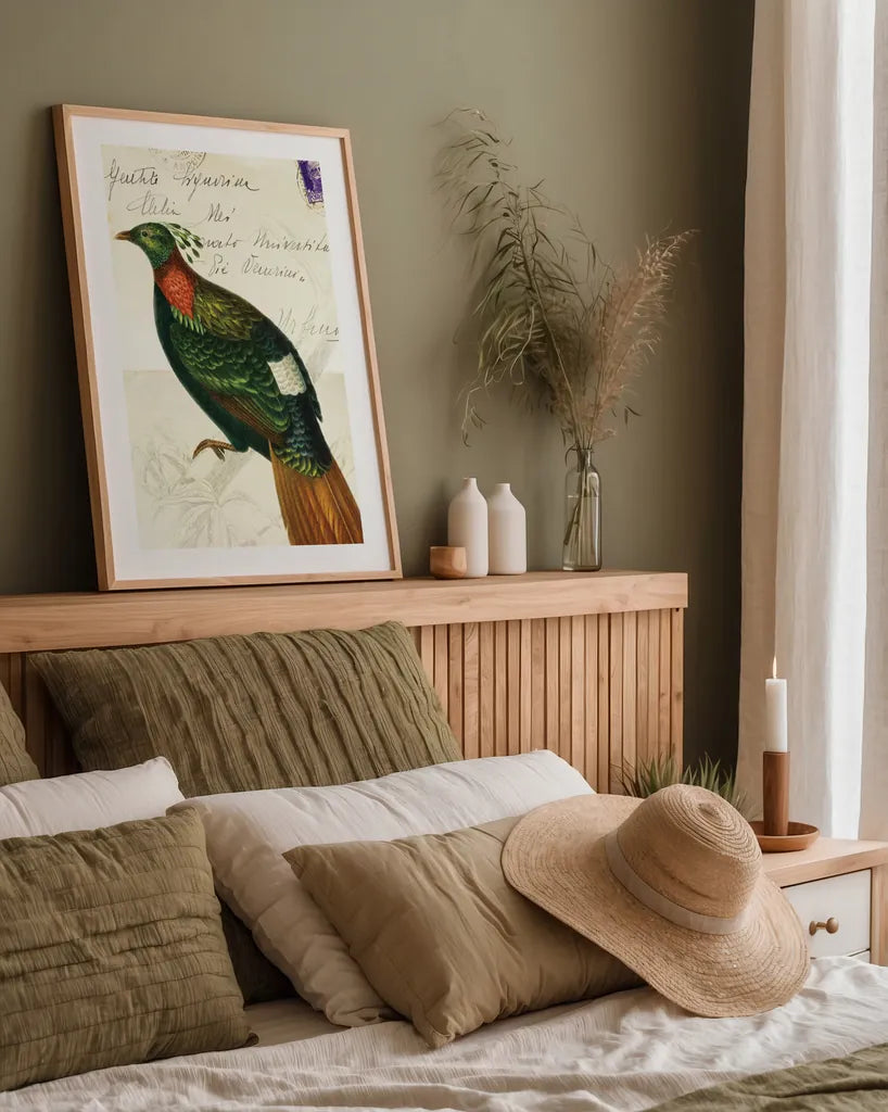 Pretty Bird IV by Deborah Revell. shown as a paper print in a natural frame. Available as a archival giclee rolled canvas, fine art paper, or poster print. SKU 92343h.