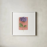 Purple Hydrangea on Book by Deborah Revell. Shown in a crisp white glass frame for a clean and minimalist style. Available as an archival giclee rolled canvas, fine art paper, or poster print. SKU 98516a.