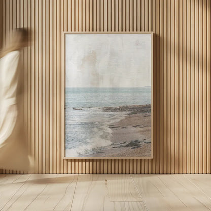 Rain on the Secret Beach by Deborah Revell. shown as over sized large wall art. Available as an archival giclee rolled canvas, fine art paper, or poster print. SKU 94134h.