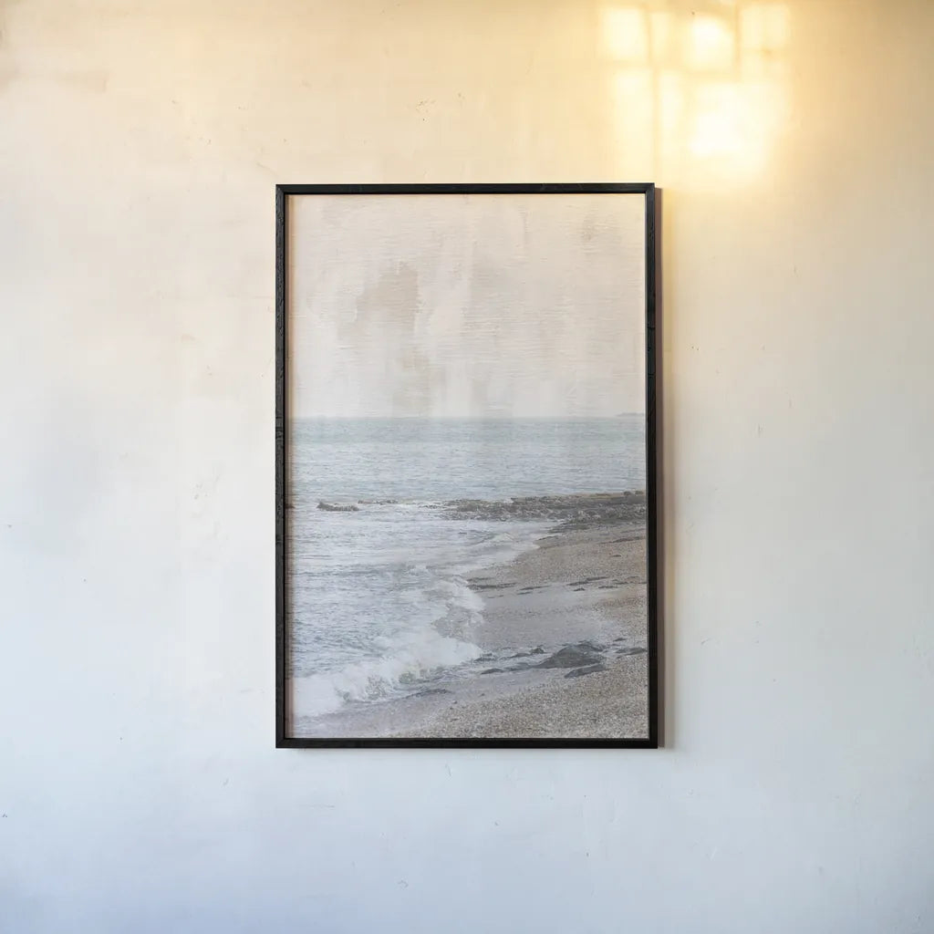 Rain on the Secret Beach by Deborah Revell. shown as a paper print in a black flame. Available as a archival giclee rolled canvas, fine art paper, or poster print. SKU 94134h.