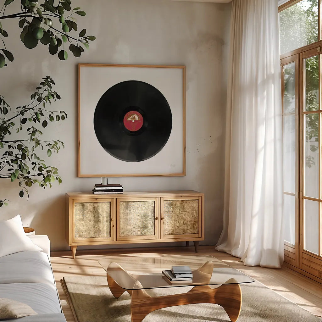 Record by Deborah Revell. Shown in a natural wood frame in a cozy modern living room. Available as an archival giclee rolled canvas, fine art paper, or poster print. SKU 92068a.