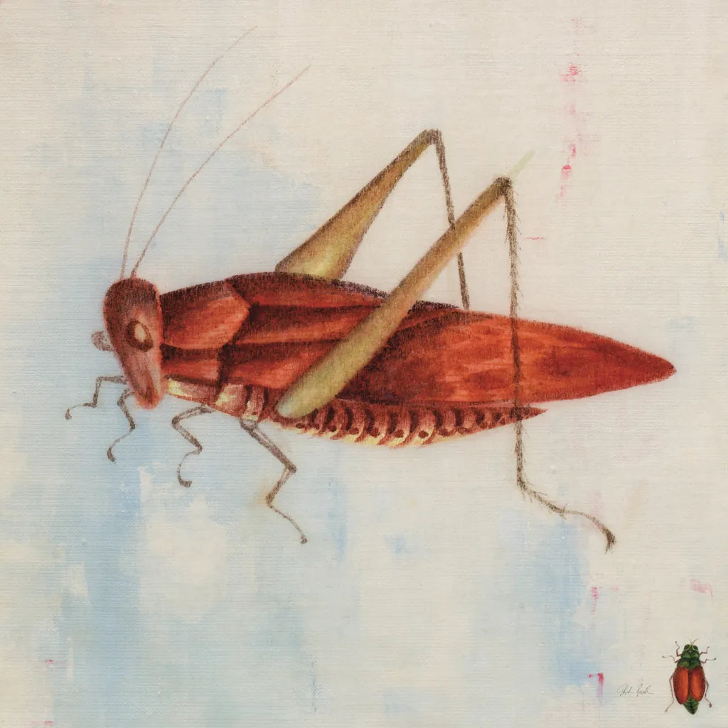 Red Grasshopper by Deborah Revell. SKU 91139a. Archival Giclee Fine art print for wall decor.
