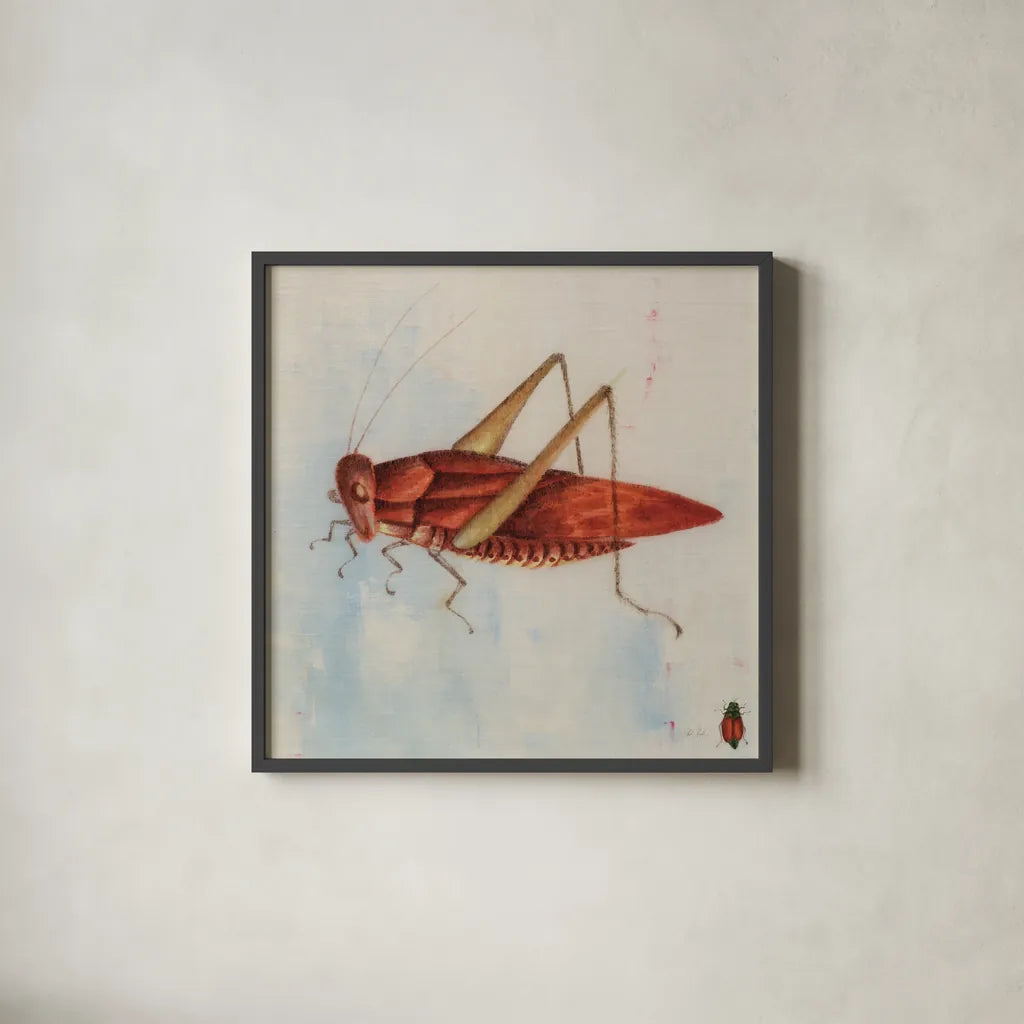 Red Grasshopper by Deborah Revell. Shown in a sleek black glass frame for a contemporary gallery look. Available as an archival giclee rolled canvas, fine art paper, or poster print. SKU 91139a.