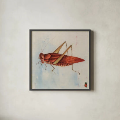 Red Grasshopper by Deborah Revell. Shown in a sleek black glass frame for a contemporary gallery look. Available as an archival giclee rolled canvas, fine art paper, or poster print. SKU 91139a.