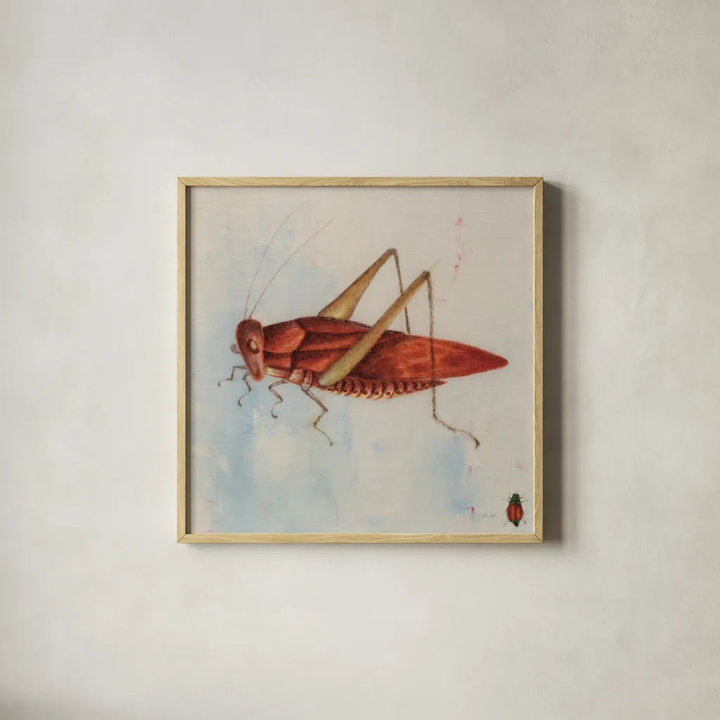 Red Grasshopper by Deborah Revell. Shown in a natural wood glass frame for a timeless modern aesthetic. Available as an archival giclee rolled canvas, fine art paper, or poster print. SKU 91139a.