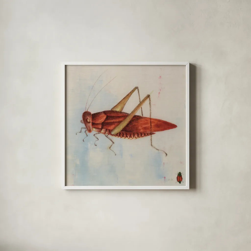 Red Grasshopper by Deborah Revell. Shown in a crisp white glass frame for a clean and minimalist style. Available as an archival giclee rolled canvas, fine art paper, or poster print. SKU 91139a.