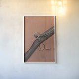 Rifle by Deborah Revell. shown as a paper print in a white frame. Available as a archival giclee rolled canvas, fine art paper, or poster print. SKU 96607h.