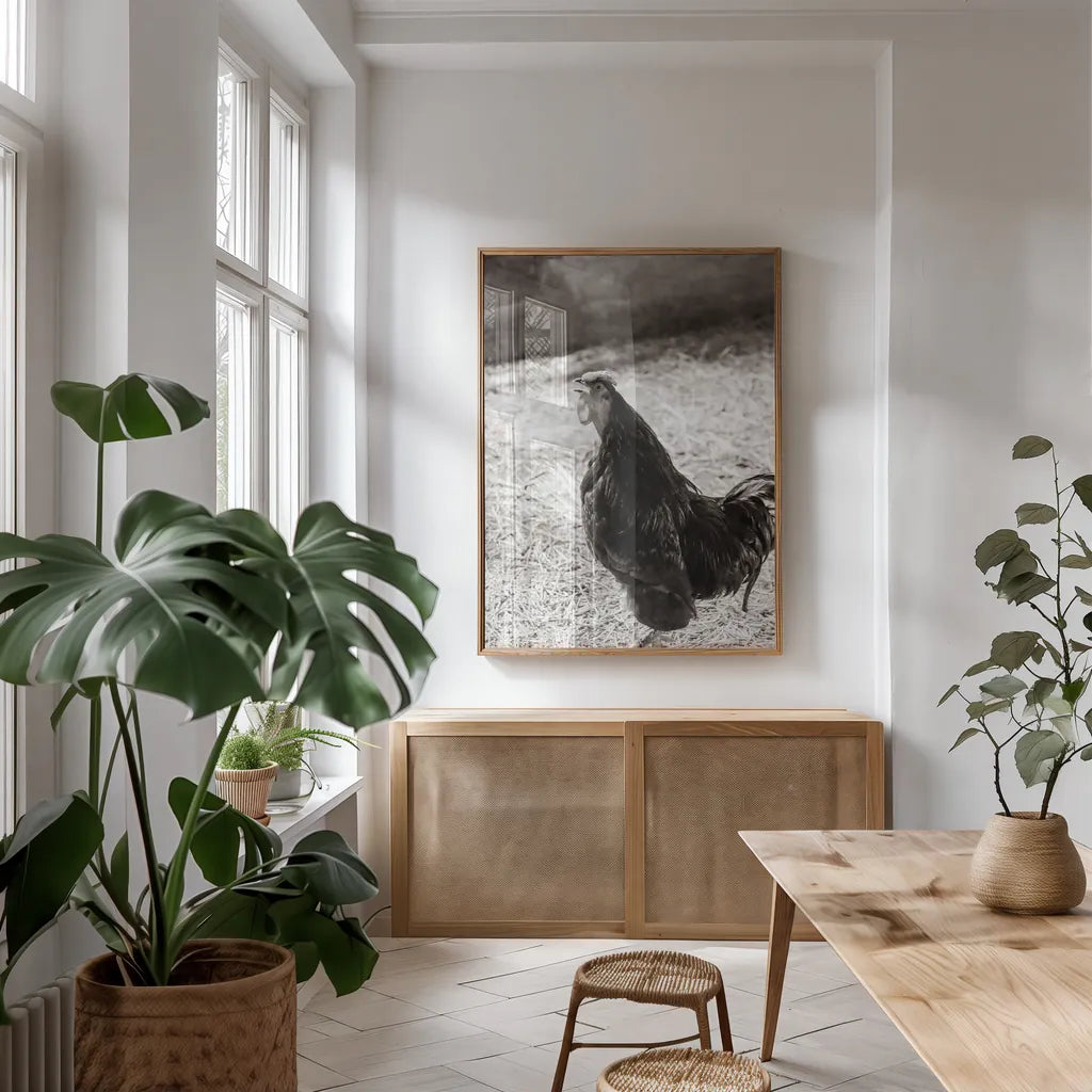 Rise and Shine by Deborah Revell. shown as a print in a natural wood frame in a dining room. Available as a archival giclee rolled canvas, fine art paper, or poster print. SKU 96306h.