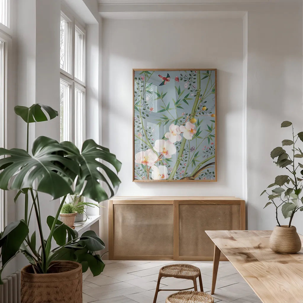 Romantic Escape by Deborah Revell. shown as a print in a natural wood frame in a dining room. Available as a archival giclee rolled canvas, fine art paper, or poster print. SKU 92743h.