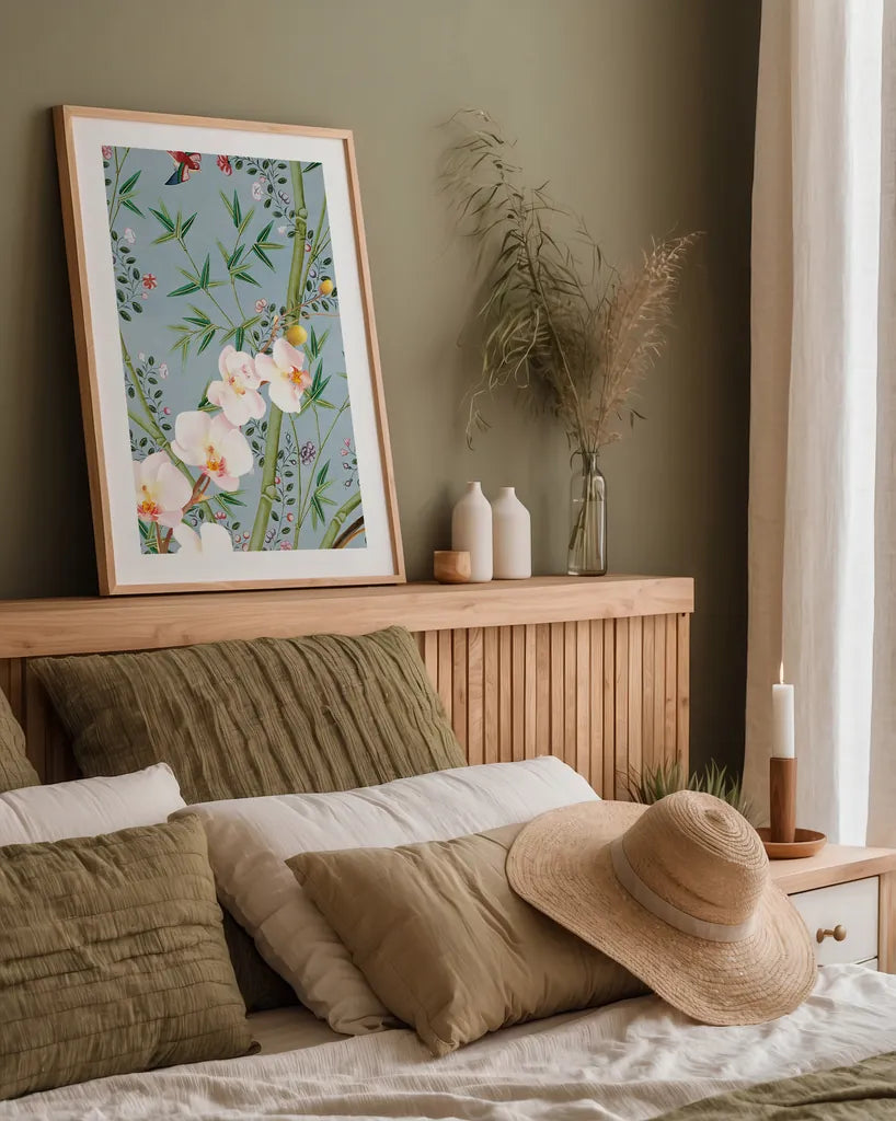 Romantic Escape by Deborah Revell. shown as a paper print in a natural frame. Available as a archival giclee rolled canvas, fine art paper, or poster print. SKU 92743h.