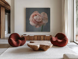 Romantic Ranunculus by Deborah Revell. Shown as extra-large giant wall art in a modern living room. Available as an archival giclee rolled canvas, fine art paper, or poster print. SKU 93977a.