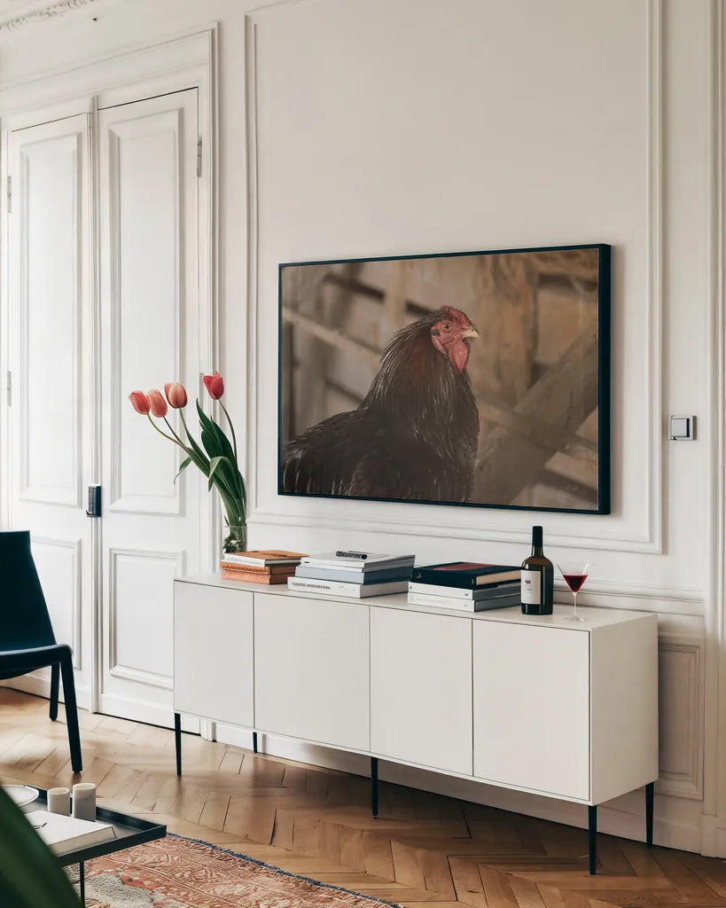 Roost by Deborah Revell. shown as a framed stretched canvas in a living room above a console. Available as a archival giclee rolled canvas, fine art paper, or poster print. SKU 96307i.