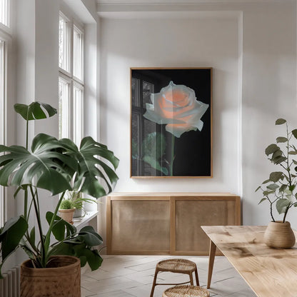 Rose Light by Deborah Revell. shown as a print in a natural wood frame in a dining room. Available as a archival giclee rolled canvas, fine art paper, or poster print. SKU 95331h.