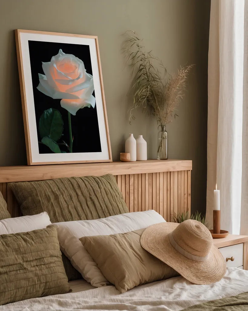 Rose Light by Deborah Revell. shown as a paper print in a natural frame. Available as a archival giclee rolled canvas, fine art paper, or poster print. SKU 95331h.