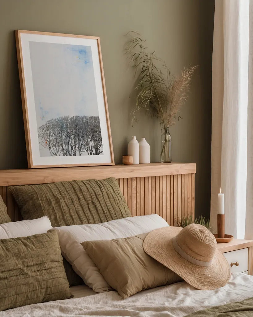 Row of Trees by Deborah Revell. shown as a paper print in a natural frame. Available as a archival giclee rolled canvas, fine art paper, or poster print. SKU 90977h.