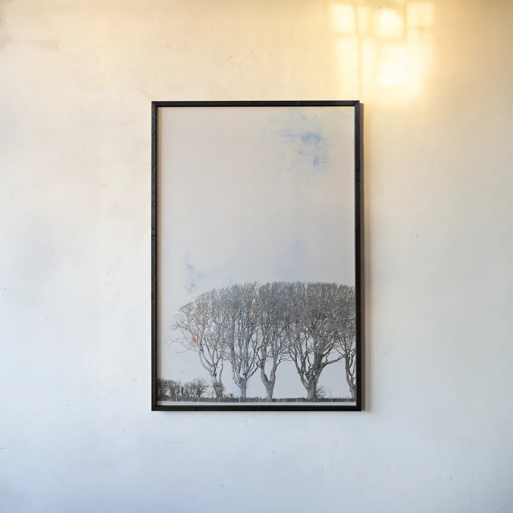 Row of Trees by Deborah Revell. shown as a paper print in a black flame. Available as a archival giclee rolled canvas, fine art paper, or poster print. SKU 90977h.