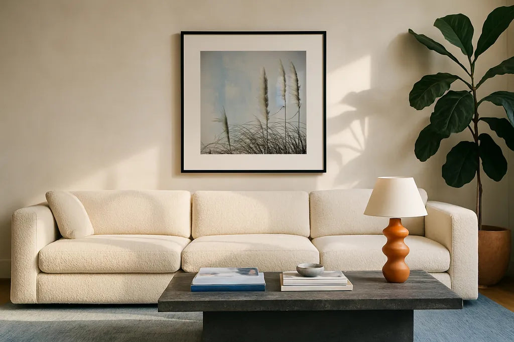 Rushes I by Deborah Revell. Displayed in a glass frame with matte in a clean modern living room. Available as an archival giclee rolled canvas, fine art paper, or poster print. SKU 91117a.