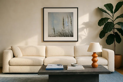 Rushes I by Deborah Revell. Displayed in a glass frame with matte in a clean modern living room. Available as an archival giclee rolled canvas, fine art paper, or poster print. SKU 91117a.