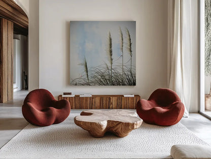 Rushes I by Deborah Revell. Shown as extra-large giant wall art in a modern living room. Available as an archival giclee rolled canvas, fine art paper, or poster print. SKU 91117a.