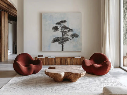 Salcombe Tree by Deborah Revell. Shown as extra-large giant wall art in a modern living room. Available as an archival giclee rolled canvas, fine art paper, or poster print. SKU 93440a.