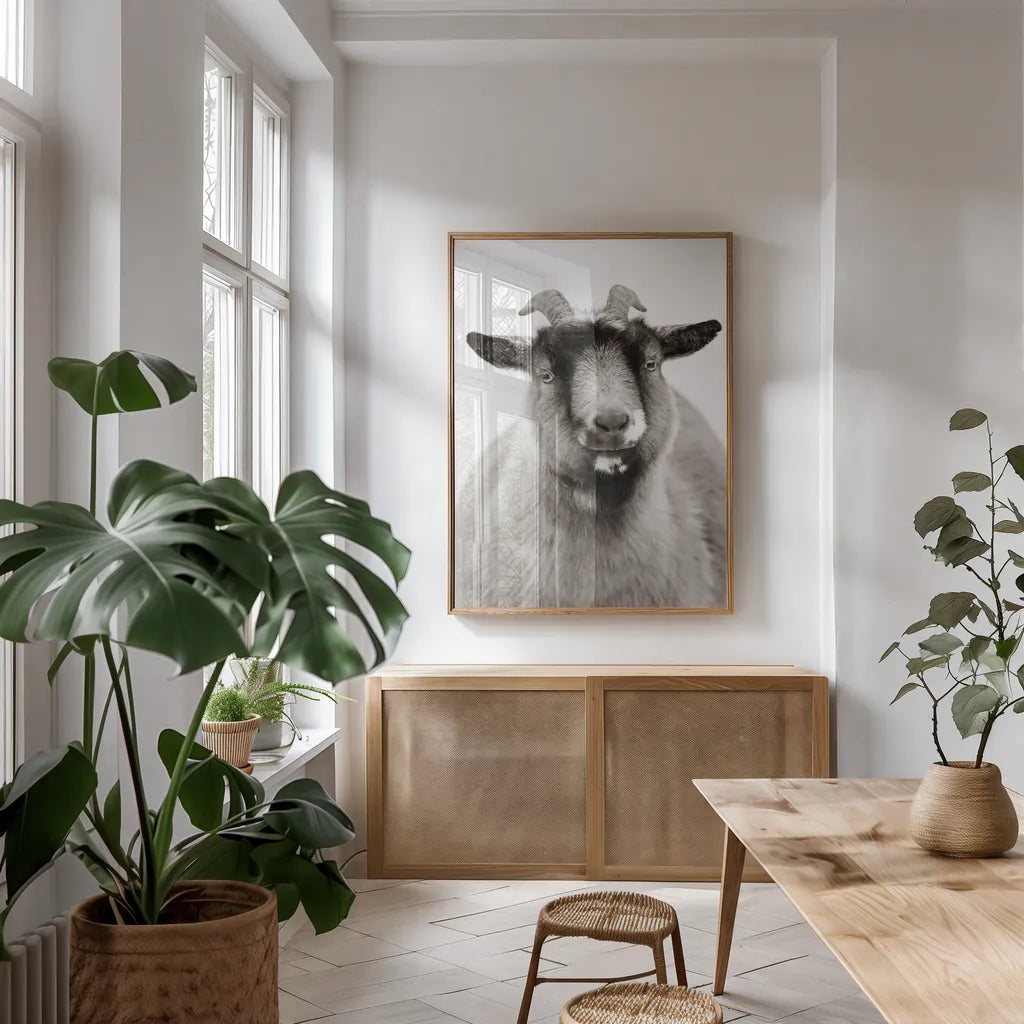 Sally the Goat by Deborah Revell. shown as a print in a natural wood frame in a dining room. Available as a archival giclee rolled canvas, fine art paper, or poster print. SKU 96326h.