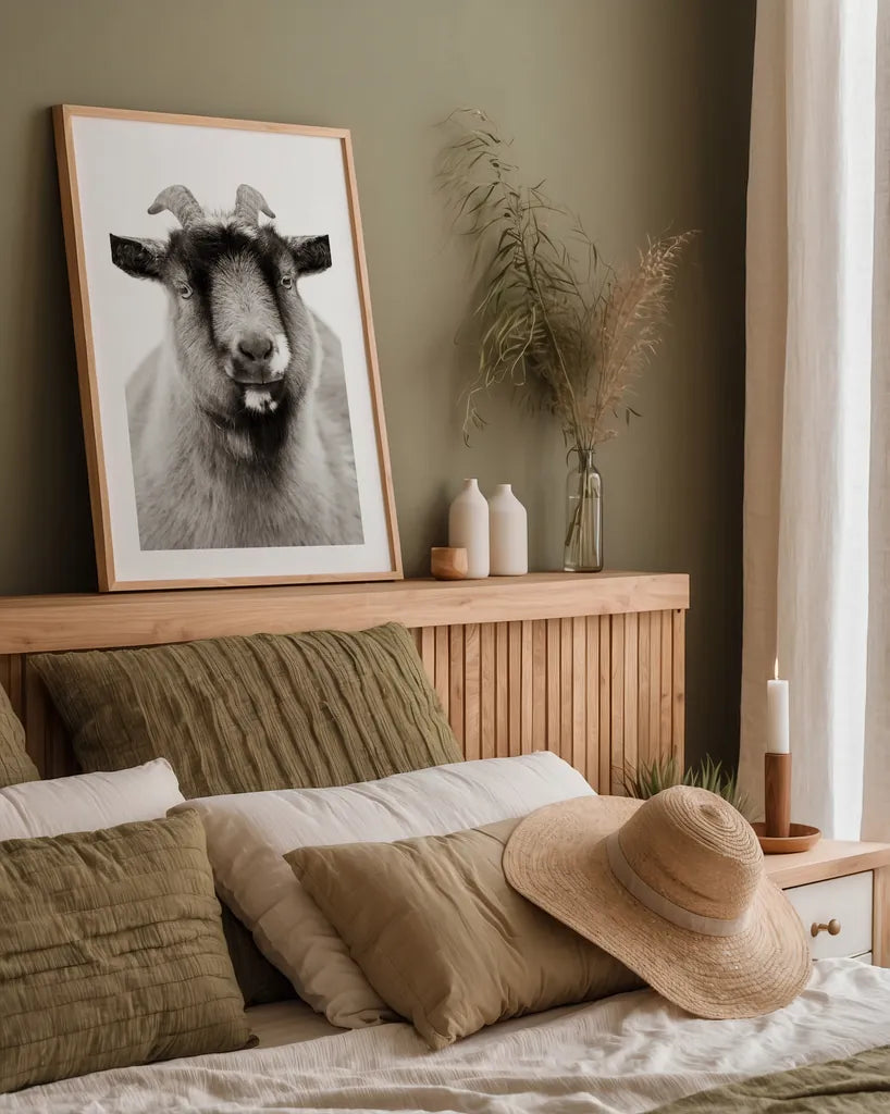 Sally the Goat by Deborah Revell. shown as a paper print in a natural frame. Available as a archival giclee rolled canvas, fine art paper, or poster print. SKU 96326h.