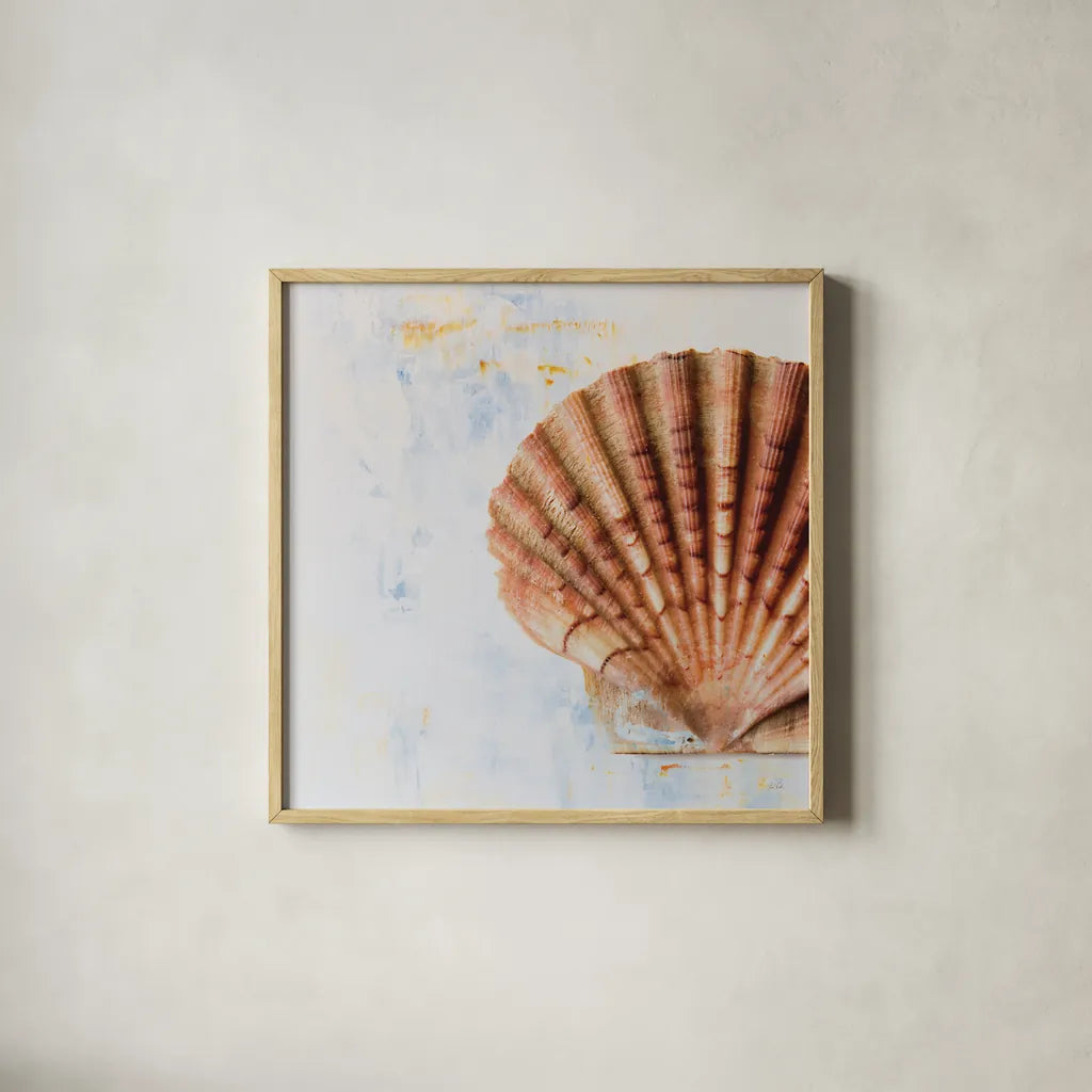 Seashell by Deborah Revell. Shown in a natural wood glass frame for a timeless modern aesthetic. Available as an archival giclee rolled canvas, fine art paper, or poster print. SKU 91179a.