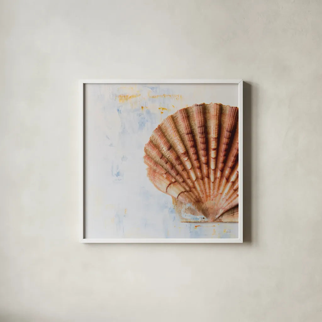 Seashell by Deborah Revell. Shown in a crisp white glass frame for a clean and minimalist style. Available as an archival giclee rolled canvas, fine art paper, or poster print. SKU 91179a.
