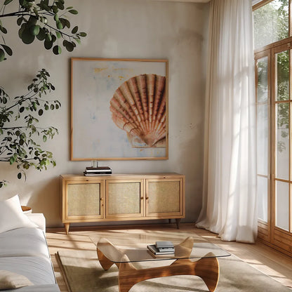 Seashell by Deborah Revell. Shown in a natural wood frame in a cozy modern living room. Available as an archival giclee rolled canvas, fine art paper, or poster print. SKU 91179a.