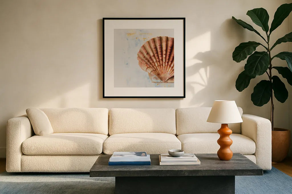 Seashell by Deborah Revell. Displayed in a glass frame with matte in a clean modern living room. Available as an archival giclee rolled canvas, fine art paper, or poster print. SKU 91179a.