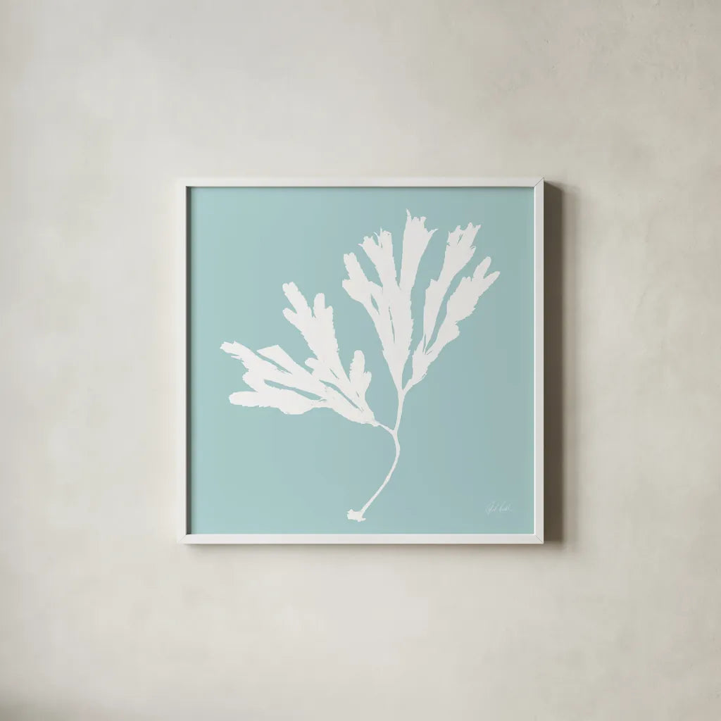 Seaweed I by Deborah Revell. Shown in a crisp white glass frame for a clean and minimalist style. Available as an archival giclee rolled canvas, fine art paper, or poster print. SKU 91124a.